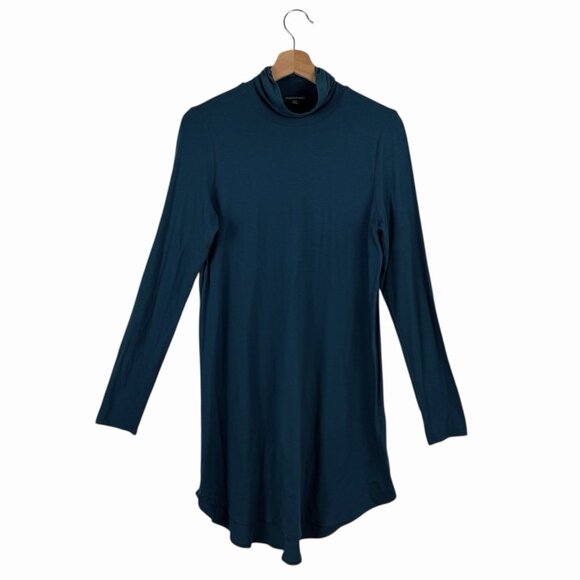 Eileen Fisher Long Tunic Top Size Small Dark Ocean Teal Jersey Knit Turtleneck - Picture 2 of 8